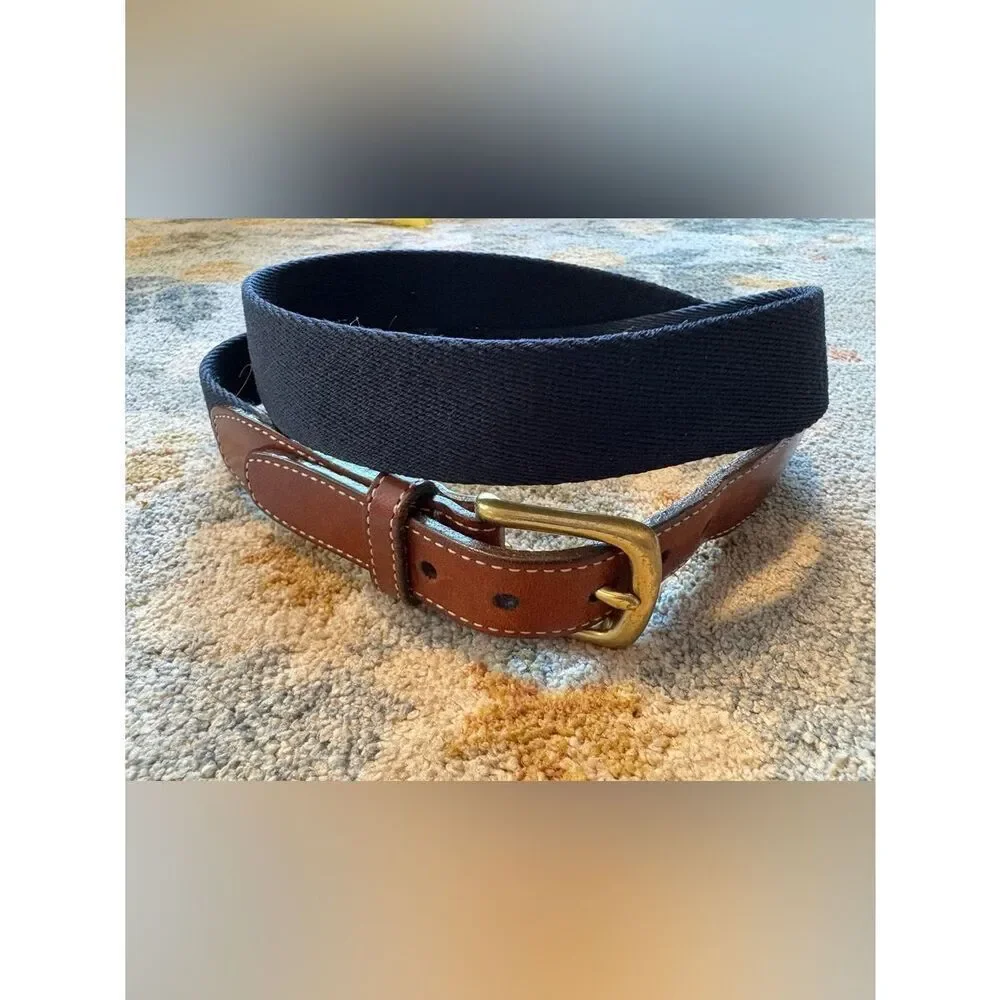 Vintage‎ Lands' End USA Made Black Canvas Belt Leather Solid Brass 38